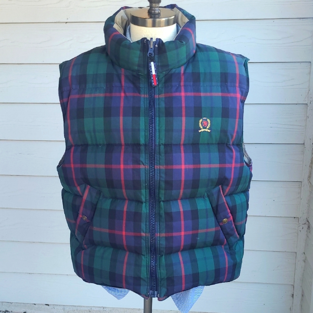 TOMMY HILFIGER Green Plaid Duck Down REVERSIBLE Puffer XL Mens Full Zip Vest 90s